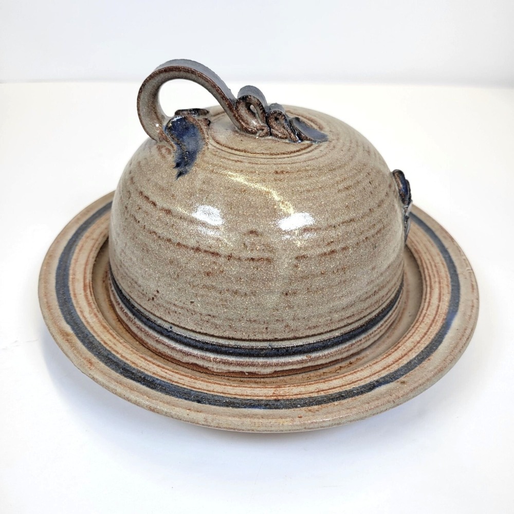 Studio Pottery Covered Butter Cheese Dish Craig Campbell Beige Blue‎ Rustic Boho